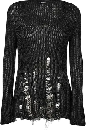 Dondup Truien, Dames, Zwart, S, Wol, Distressed V-hals Trui