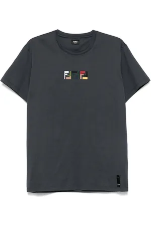 Fendi Tops, Heren, Grijs, S, Katoen, Geborduurde T-shirt met ronde hals grijs