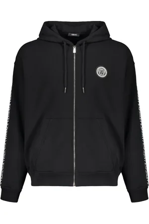 VERSACE Sweatshirts & Hoodies, Heren, Zwart, S, Katoen, Logo Patch Zip Hoodie Katoen Polyester
