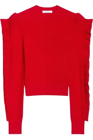 Max Mara Truien, Dames, Rood, M, Leer, Rode Gebreide Trui met Ruffles