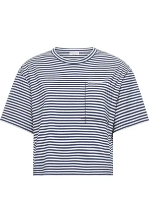 Brunello Cucinelli Tops, Dames, Wit, L, Katoen, Gestreept T-shirt met ronde hals en zakdetail