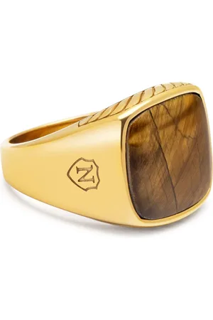 Nialaya Accessoires, Heren, Geel, 58 MM, Gouden Signetring met Bruin Tijgeroog