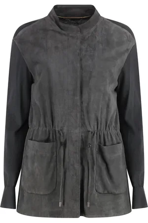 MOORER Truien, Dames, Grijs, S, Suède, Cardigan met suède frontpaneel