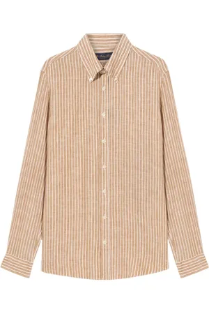 Brooks Brothers Overhemden, Heren, Bruin, S, Linnen, Slim Fit Gestreepte Linnen Button Down Overhemd