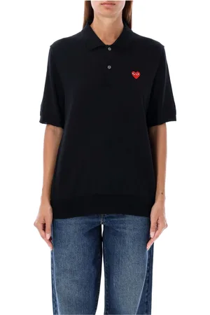 Comme des Garçons Tops, Dames, Zwart, L, Wol, Red Heart Knit Polo Shirt