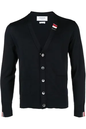 Thom Browne Truien, Heren, Blauw, M, Wol, V-hals cardigan met RWB-streep