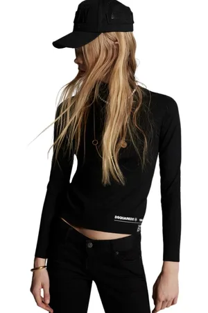 Dsquared2 Tops, Dames, Zwart, M, Wol, Elegante Top met Lange Mouwen en Logo op de Zoom