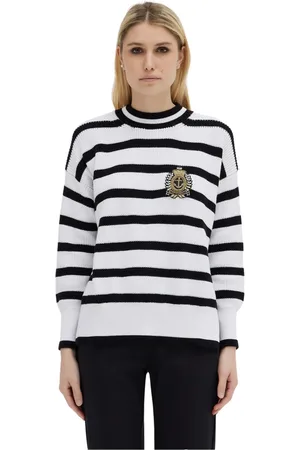 ERMANNO SCERVINO Truien, Dames, Wit, M, Katoen, Gestreept Crewneck met Embleem