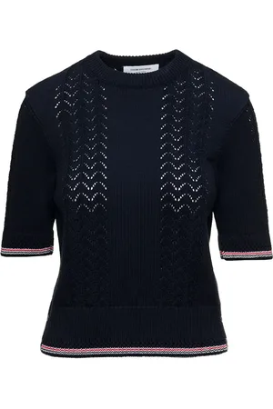 Thom Browne Truien, Dames, Blauw, S, Katoen, Pointelle-gebreide top met ronde hals
