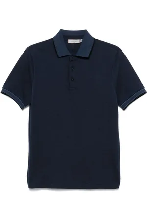 CANALI Tops, Heren, Blauw, L, Katoen, Marineblauw Gestreept Poloshirt met Korte Mouwen