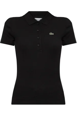 Lacoste Tops, Dames, Zwart, L, Katoen, Geribbelde Polo met Logo Patch