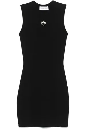 Marine Serre Kleedjes, Dames, Zwart, L, Mouwmloze Jurk met Ronde Hals