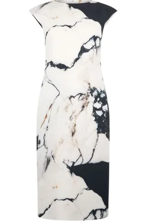Roberto Cavalli Kleedjes, Dames, Veelkleurig, S, Midi-jurk met marmerprint en boothals