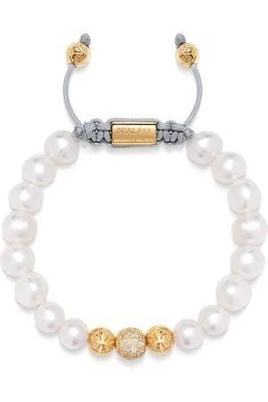 Nialaya Accessoires, Dames, Geel, S, Nylon, Kralenarmband met Witte Zee Parel en Goud