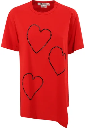 Comme des Garçons Tops, Dames, Rood, M, Heart Motif Crystal T-shirt met Ronde Hals