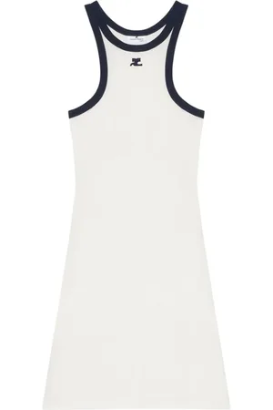 Courrèges Kleedjes, Dames, Wit, M, Katoen, Witte Mini Jurk met Blauwe Bies
