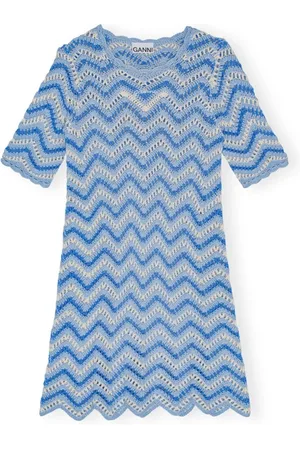 Ganni Kleedjes, Dames, Blauw, M, Katoen, Cotton Crochet Mini Jurk