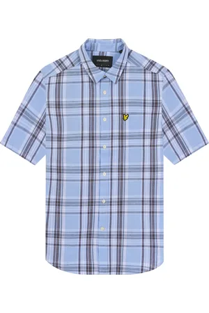 Lyle & Scott Overhemden, Heren, Blauw, XS, Linnen, Geruit overhemd met korte mouwen