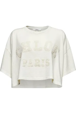 Chloé Tops, Dames, , S, Katoen, Textured Logo Patch Cropped T-Shirt