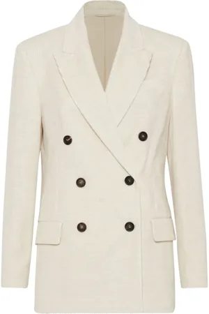 Brunello Cucinelli Jassen, Dames, , 2Xs, Ivoor Corduroy Double-Breasted Jas