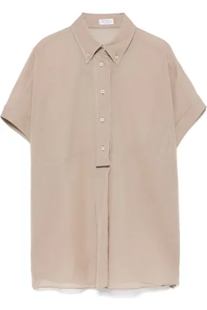 Brunello Cucinelli Blouses & Shirts, Dames, , S, Katoen, Zandbruin Overhemd met Knoopsluiting