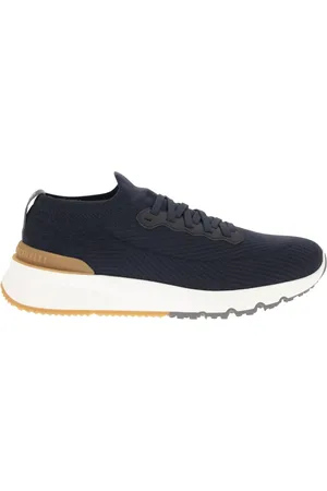Brunello Cucinelli Schoenen, Heren, Blauw, 43 EU, Katoen, Cotton Knit en Semi Glossy Leather Runners