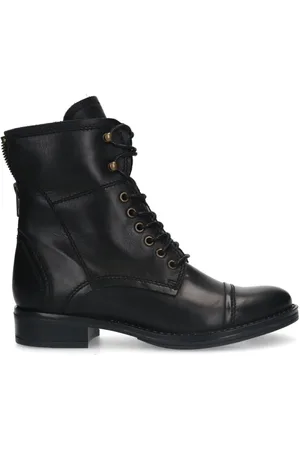 Manfield Schoenen, Dames, Zwart, 42 EU, Leer, Zwarte Leren Veterschoenen