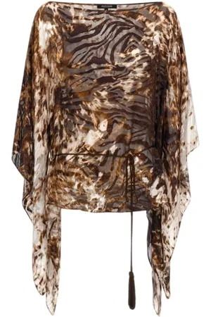 Roberto Cavalli Blouses & Shirts, Dames, Bruin, M, Leer, Appaloosa Print Kaftan met Vleermuismouwen