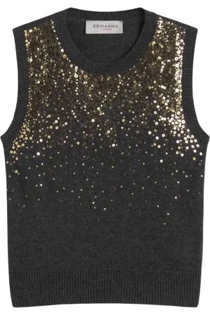 ERMANNO SCERVINO Jassen, Dames, Zwart, S, Wol, Sequin Gradient Mouwloos Ribgebreid Vest