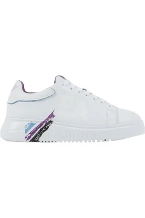 Emporio Armani Schoenen, Dames, Wit, 37 EU, Leer, Multicolor Brushstroke Logo Sneakers