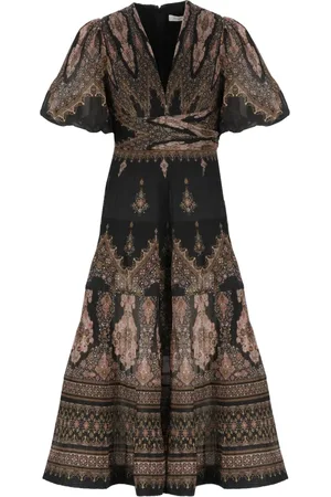 ZIMMERMANN Kleedjes, Dames, Veelkleurig, M, Zwarte Geplooide Midi Jurk V-Hals