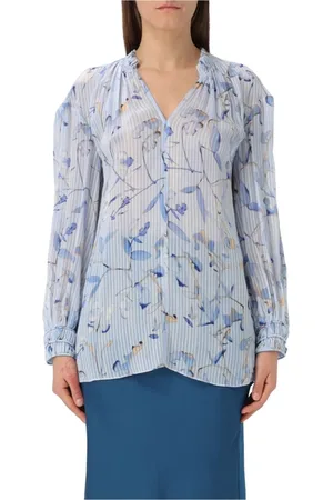 HUGO BOSS Blouses & Shirts, Dames, Blauw, XL, Zijden Fantasie V-Hals Blouse