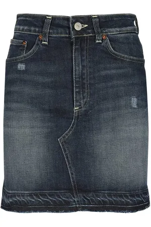 Dondup Rokken, Dames, Blauw, W28, Denim, Denim Rok met Leren Logo Tag
