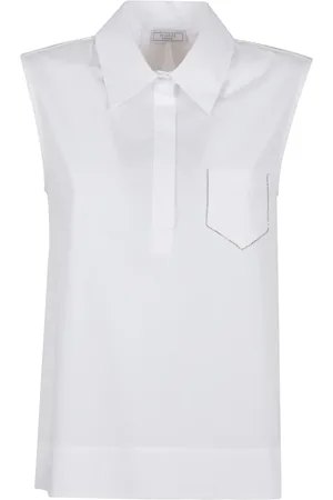 PESERICO SIGN Tops, Dames, Wit, S, Katoen, Witte Mouwloze Top met Mannelijke Kraag