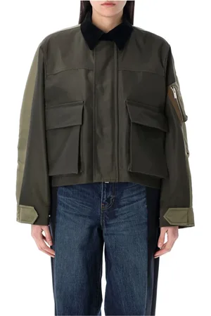 SACAI Jassen, Dames, Groen, S, Nylon, Khaki Buitenkleding met fluwelen kraag