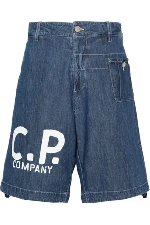 C.P. Company Korte broeken, Heren, Blauw, L, Denim, Blauwe Denim Shorts met Logo Print en Trekkoord