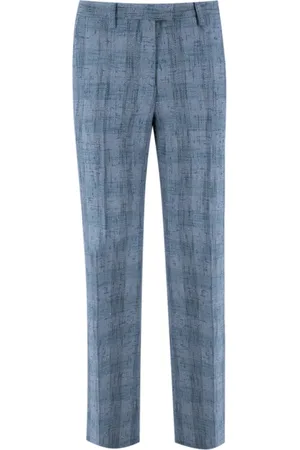 Etro Broeken, Dames, Blauw, S, Linnen, Linnenmix Broek met Ruit en Rechte Pasvorm
