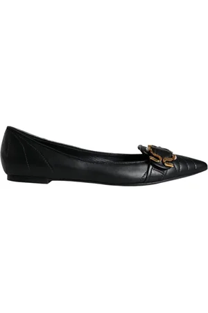 Dolce & Gabbana Schoenen, Dames, Zwart, 37 EU, Leer, Zwarte leren puntige flats met messing gesp