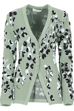 Lanvin Truien, Dames, Groen, M, Polyester, Groen Cardigan met Bloemenpatroon en V-hals