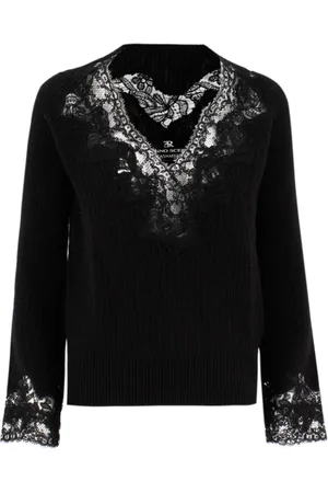 ERMANNO SCERVINO Truien, Dames, Zwart, L, Kasjmier, V-hals kanten trui