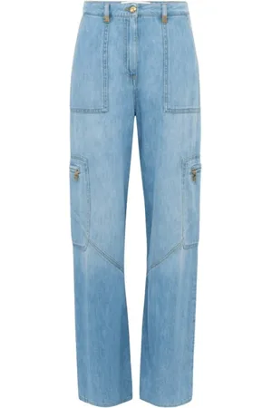 Elisabetta Franchi Jeans, Dames, Blauw, W28, Denim, Cargo jeans met maxi-zakken en juweeldetails
