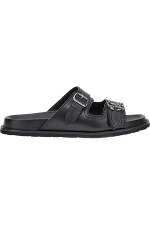Roberto Cavalli Schoenen, Heren, Zwart, 44 EU, Leer, Zwarte platte sandalen gemaakt in Italië