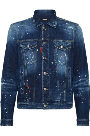 Dsquared2 Jassen, Heren, Blauw, L, Denim, Blauw Denim Jas met Verfspatten