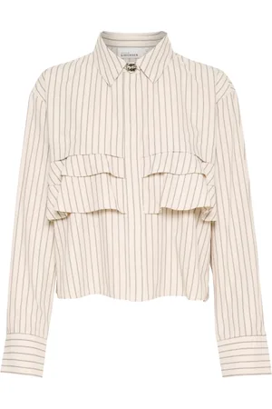 Karen by Simonsen Blouses & Shirts, Dames, , L, Katoen, Taupe Ruffle Overhemdblouse