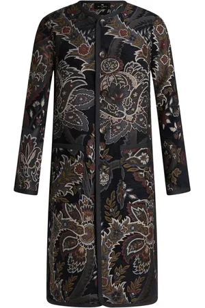 Etro Mantels, Dames, Veelkleurig, M, Blauwe Jacquard Chenille Reversible Jas met Bloemenprint