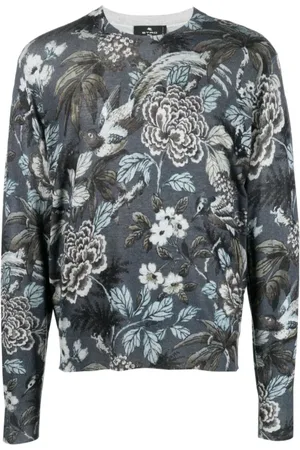Etro Sweatshirts & Hoodies, Heren, Blauw, L, Kasjmier, Floral Print Cashmere-Silk Sweatshirt