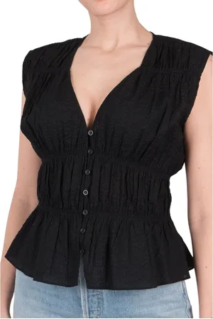 Frame Blouses & Shirts, Dames, Zwart, M, Katoen, Blouse met gerimpelde V-hals en korte mouwen