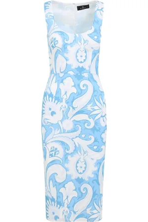 Etro Kleedjes, Dames, Blauw, S, Leer, Geprinte Lichtblauwe Viscose Midi Jurk