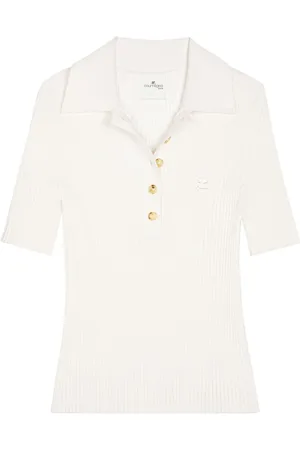Courrèges Tops, Dames, Wit, S, Polyester, Geribbelde Gebreide Button-Up T-shirt