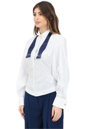 Elisabetta Franchi Blouses & Shirts, Dames, Wit, S, Satijn, Gestreept shirt met lange mouwen en baskische zoom